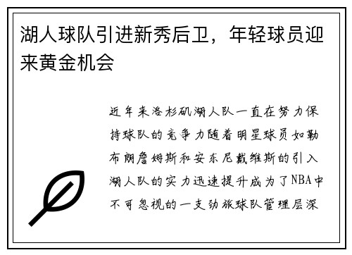 湖人球队引进新秀后卫，年轻球员迎来黄金机会